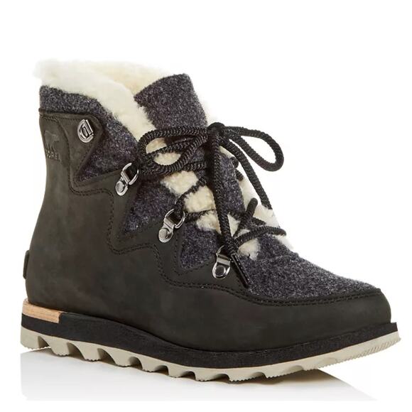 Sorel Shoes - Sorel Sneakchic Alpine Holiday Boots 6 Shearling Booties Black Gray Lace Combat